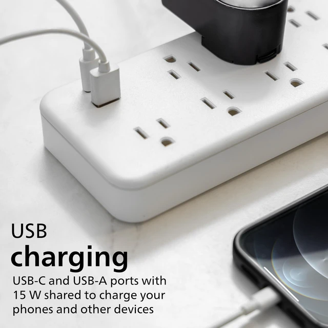 Alt view image 5 of 7 - Surge Protector Power Strip with USB Ports 6 Ft Braided Extension Cord with Multiple Outlets, 1500 Joules, 7 Outlet Extender, 1 USB-A, 1 USB-C, Flat Plug, SPP3983W/37