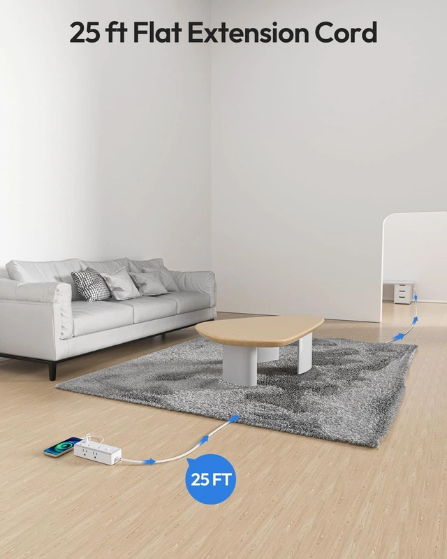 Alt view image 2 of 6 - Flat Plug Power Strip, Extension Cord 25 ft, 9-in-1 Ultra Thin Extension Cord with 6 AC and 3 USB Ports(1 USB C), Compact Power Strip, Office, College Dorm Essentials