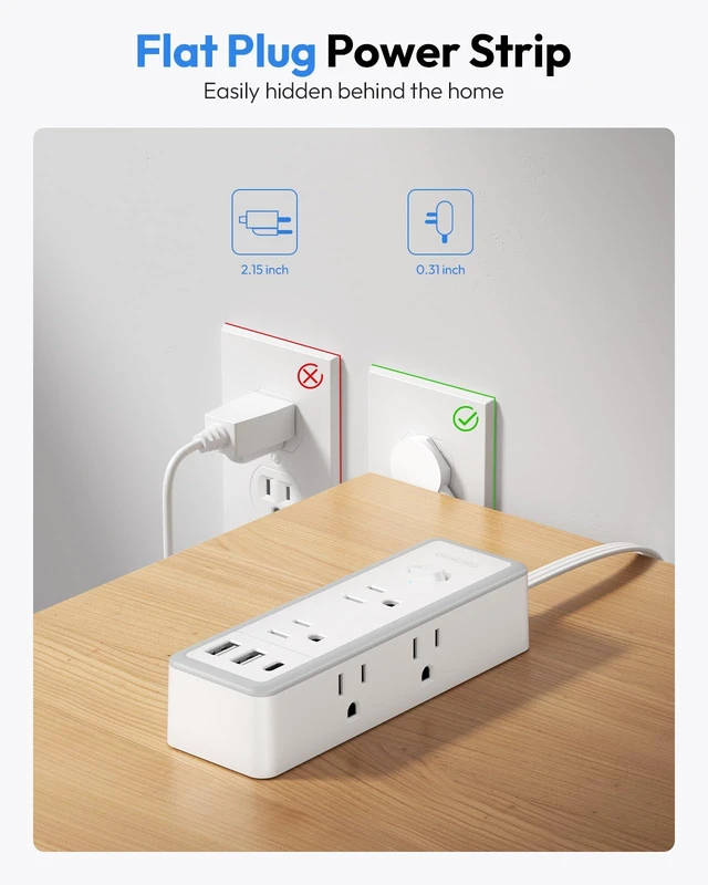 Alt view image 4 of 6 - Flat Plug Power Strip, Extension Cord 25 ft, 9-in-1 Ultra Thin Extension Cord with 6 AC and 3 USB Ports(1 USB C), Compact Power Strip, Office, College Dorm Essentials
