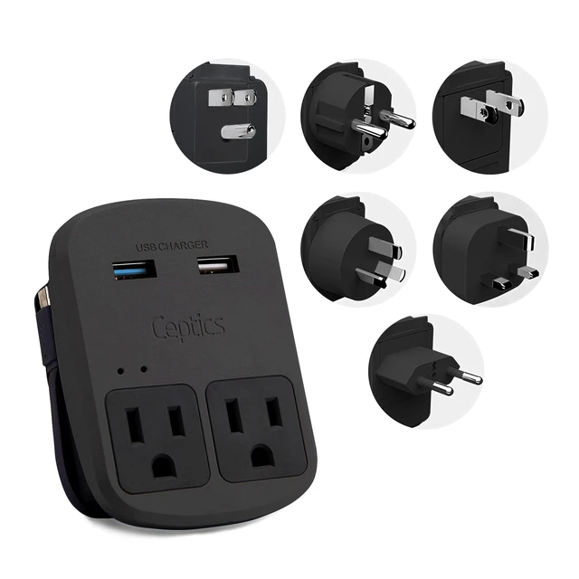 Alt view image 5 of 7 - World Travel Adapter Kit - QC 3.0 Dual USB + Dual US Outlets, Surge Protection, Perfect For Europe, UK, China, Australia, Japan, Perfect For Laptop, Cell Phones, Cameras - Safe ETL - Black
