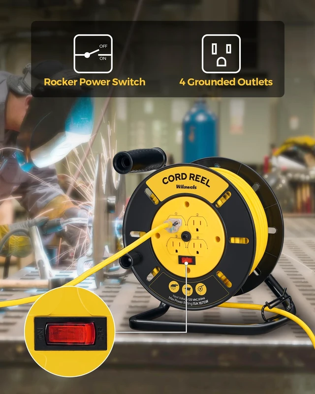 Alt view image 4 of 7 - Extension Cord Storage Reel with 4-Grounded Outlets, 15A Circuit Breaker, Heavy Duty Open Cord Reel for 12/3,14/3,16/3 Gauge Power Cord, Hand Wind Retractable, ETL Listed, Yellow Y95CR06