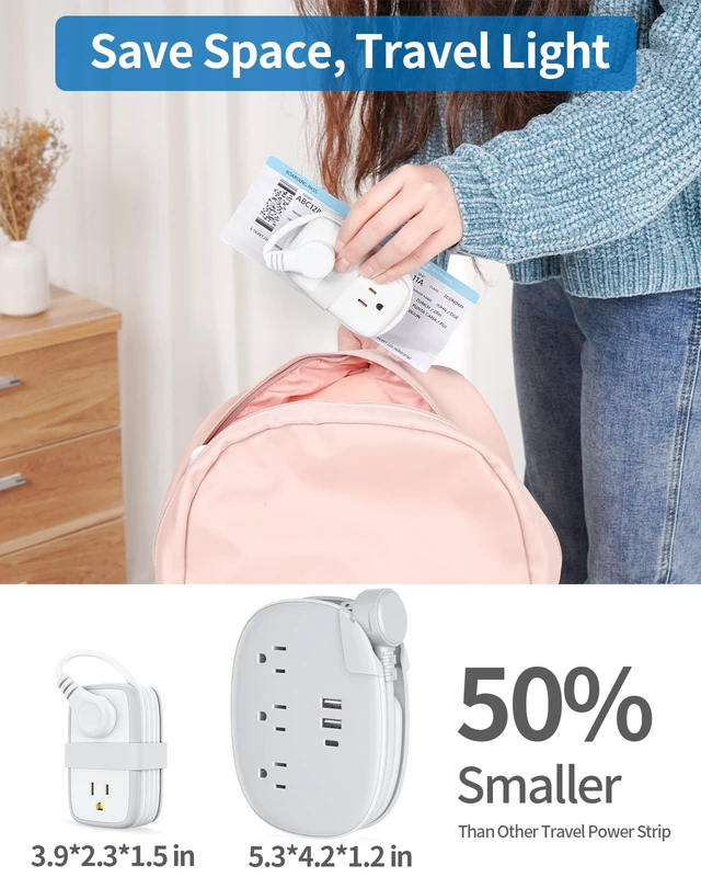 Alt view image 3 of 7 - 2 Pack Power Strip with USB C Ports, 4 Outlets 3 USB(1 USB-C), Small Power Strip with 4ft Short Extension Cord Flat Plug, Compact Power Strip for Travel Hotel Cruise Essentials, White