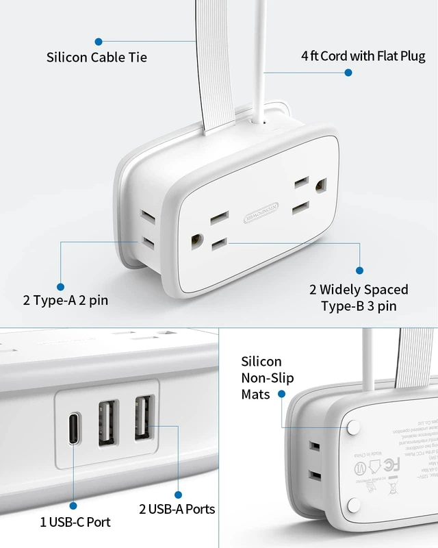 Alt view image 7 of 7 - 2 Pack Power Strip with USB C Ports, 4 Outlets 3 USB(1 USB-C), Small Power Strip with 4ft Short Extension Cord Flat Plug, Compact Power Strip for Travel Hotel Cruise Essentials, White