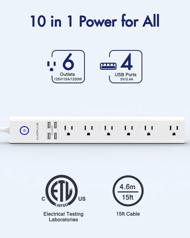 Alt view image 2 of 7 - 15 Ft Power Strip Surge Protector with 6 Outlets and 4 USB Ports Flat Plug Power Strips Long Extension Cord with Overload Protection, Wall Mount for Home, Office, Dorm, ETL Listed