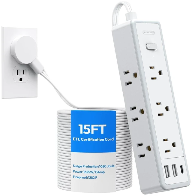 Main image of Flat Extension Cord 15 FT, Power Strip with 9 Widely Outlets and 3 USB (1 USB-C), Extension Cord with Multiple Outlets, 1080 Joule, Wall Mount, for Home Office, Dorm,White