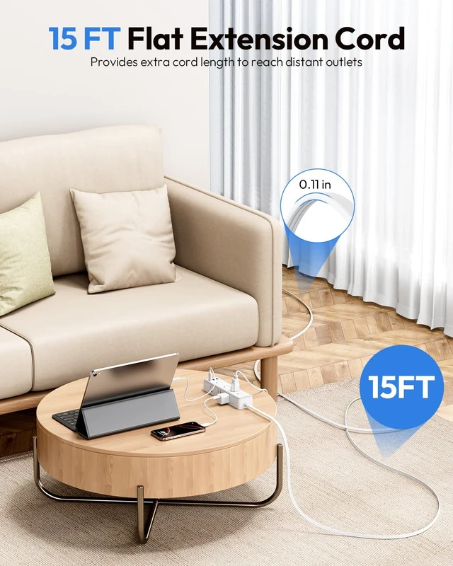 Alt view image 2 of 7 - Flat Extension Cord 15 FT, Power Strip with 9 Widely Outlets and 3 USB (1 USB-C), Extension Cord with Multiple Outlets, 1080 Joule, Wall Mount, for Home Office, Dorm,White