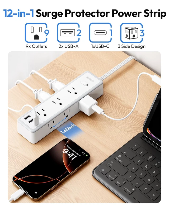 Alt view image 3 of 7 - Flat Extension Cord 15 FT, Power Strip with 9 Widely Outlets and 3 USB (1 USB-C), Extension Cord with Multiple Outlets, 1080 Joule, Wall Mount, for Home Office, Dorm,White