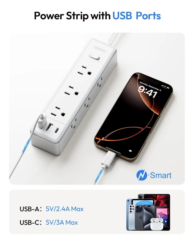 Alt view image 4 of 7 - Flat Extension Cord 15 FT, Power Strip with 9 Widely Outlets and 3 USB (1 USB-C), Extension Cord with Multiple Outlets, 1080 Joule, Wall Mount, for Home Office, Dorm,White