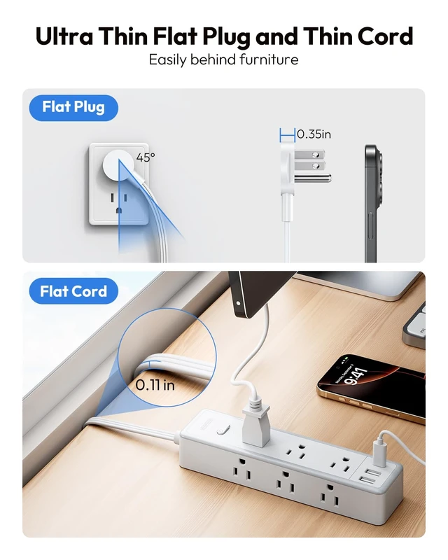 Alt view image 5 of 7 - Flat Extension Cord 15 FT, Power Strip with 9 Widely Outlets and 3 USB (1 USB-C), Extension Cord with Multiple Outlets, 1080 Joule, Wall Mount, for Home Office, Dorm,White