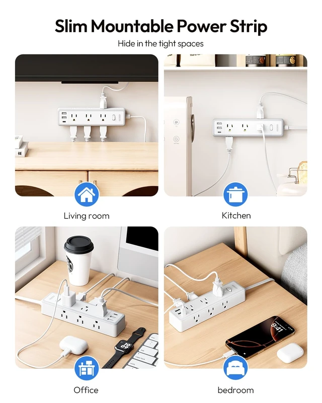 Alt view image 6 of 7 - Flat Extension Cord 15 FT, Power Strip with 9 Widely Outlets and 3 USB (1 USB-C), Extension Cord with Multiple Outlets, 1080 Joule, Wall Mount, for Home Office, Dorm,White