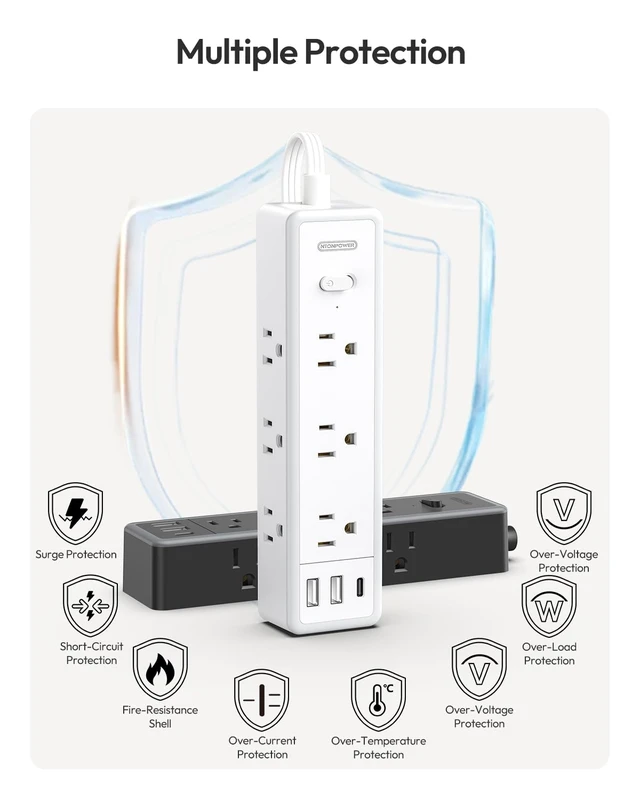 Alt view image 7 of 7 - Flat Extension Cord 15 FT, Power Strip with 9 Widely Outlets and 3 USB (1 USB-C), Extension Cord with Multiple Outlets, 1080 Joule, Wall Mount, for Home Office, Dorm,White