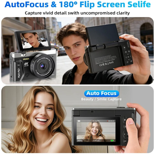 Alt view image 4 of 7 - 4K 75MP Digital Camera for Photography,Camera with FILP Screen 2026 Upgraded WiFi Vlogging Camera for YouTube,18X Zoom Fill Light Compact Vlog Camera for Beginner Teens(64GB Card)