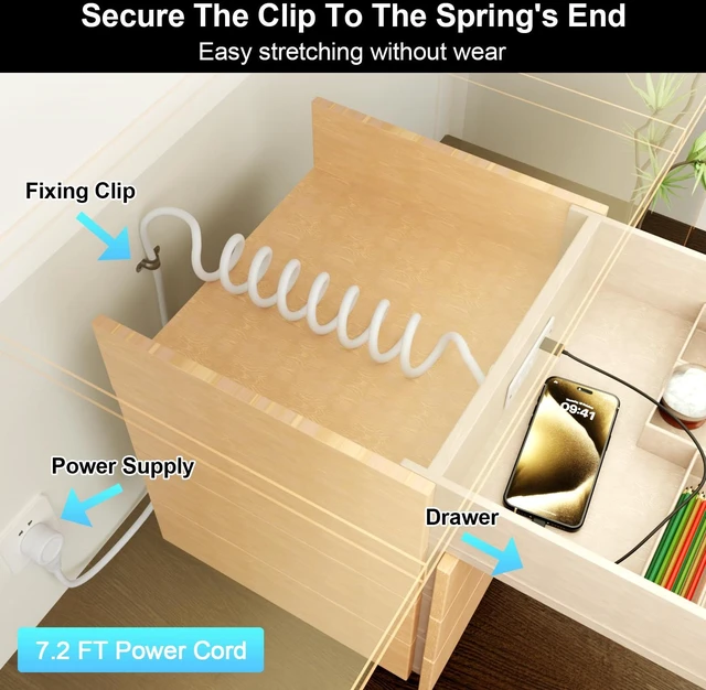 Alt view image 3 of 7 - Drawer Outlet Kit, Recessed Furniture Power Strip, PD 20W Fast Charging Horizontal Outlet, Clutter-Free Drawer Socket with 2 USB(A & C) and 2 12 Amp AC Ports, 7.2 FT Power Cord, Spring Cable
