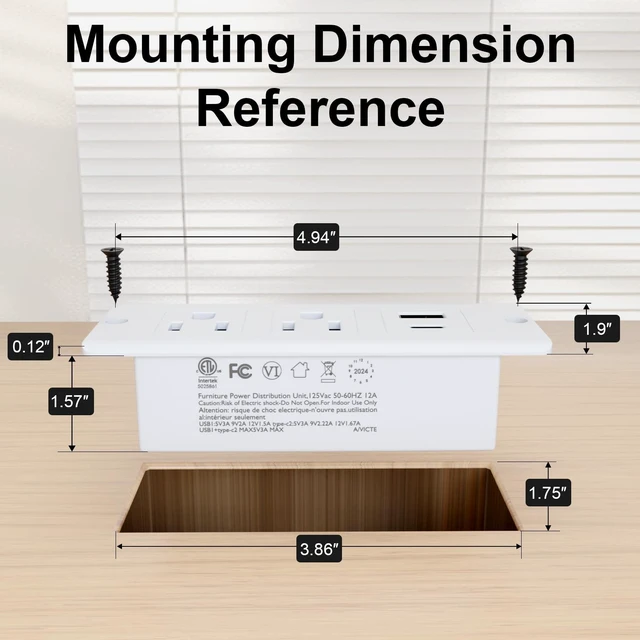 Alt view image 6 of 7 - Drawer Outlet Kit, Recessed Furniture Power Strip, PD 20W Fast Charging Horizontal Outlet, Clutter-Free Drawer Socket with 2 USB(A & C) and 2 12 Amp AC Ports, 7.2 FT Power Cord, Spring Cable