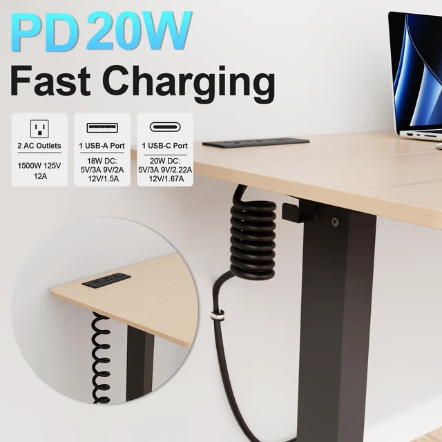 Alt view image 2 of 7 - Drawer Outlet Kit, Recessed Furniture Power Strip, PD 20W Fast Charging Horizontal Outlet, Clutter-Free Drawer Socket with 2 USB(A & C) and 2 12 Amp AC Ports, 7.2 FT Power Cord, Spring Cable