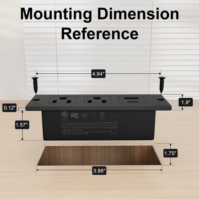 Alt view image 6 of 7 - Drawer Outlet Kit, Recessed Furniture Power Strip, PD 20W Fast Charging Horizontal Outlet, Clutter-Free Drawer Socket with 2 USB(A & C) and 2 12 Amp AC Ports, 7.2 FT Power Cord, Spring Cable