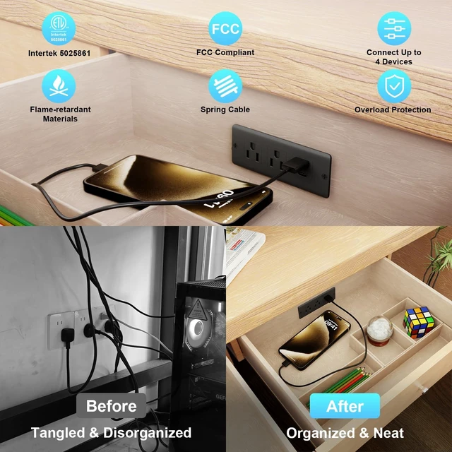 Alt view image 5 of 7 - Drawer Outlet Kit, Recessed Furniture Power Strip, PD 20W Fast Charging Horizontal Outlet, Clutter-Free Drawer Socket with 2 USB(A & C) and 2 12 Amp AC Ports, 7.2 FT Power Cord, Spring Cable
