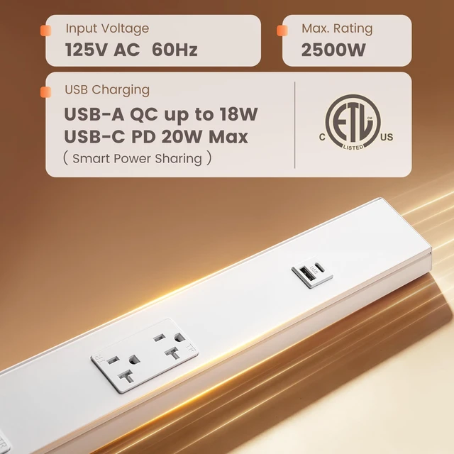 Alt view image 2 of 7 - 24 in Under Cabinet Power Strip Hardwired, 20 Amp 2 Standard TR Outlets with USB-A & USB-C, Modular Extension System (No Cutting), Aluminum Housing, 125V 20A, ETL Listed