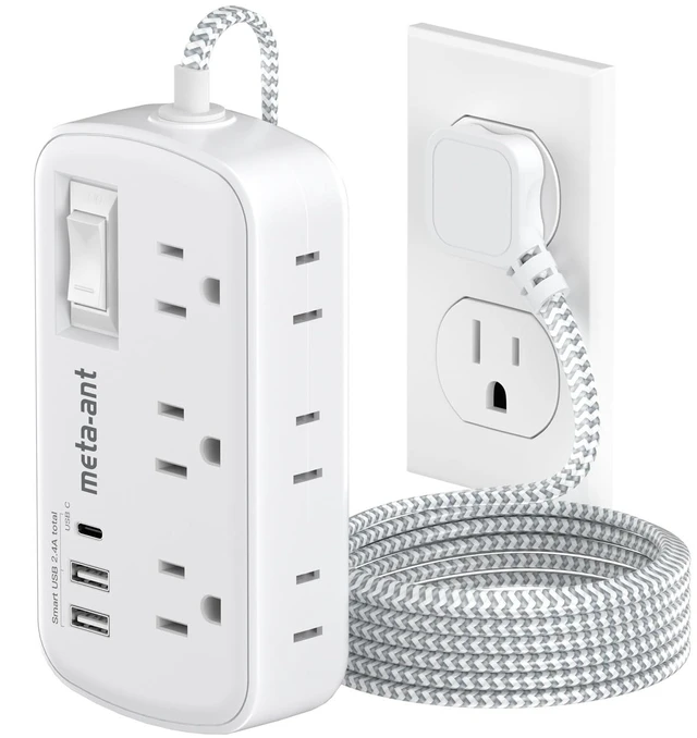 Main image of Small Power Strip 5 FT - Flat Plug Outlet Extender, 9-in-1 Surge Protector with 6 AC Outlets 3 USB (USB-C), 5ft Braided Extension Cord, Wall Mountable for Home Office Living Room TV Stand Bedside Desk