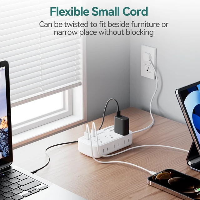 Alt view image 2 of 7 - Small Power Strip 5 FT - Flat Plug Outlet Extender, 9-in-1 Surge Protector with 6 AC Outlets 3 USB (USB-C), 5ft Braided Extension Cord, Wall Mountable for Home Office Living Room TV Stand Bedside Desk