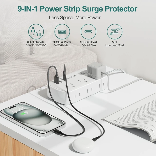 Alt view image 3 of 7 - Small Power Strip 5 FT - Flat Plug Outlet Extender, 9-in-1 Surge Protector with 6 AC Outlets 3 USB (USB-C), 5ft Braided Extension Cord, Wall Mountable for Home Office Living Room TV Stand Bedside Desk