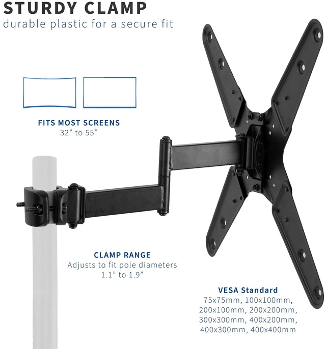 Alt view image 2 of 7 - Black Pole Mounted TV Arm, 32-55 in Screens, MOUNT-POLE4A Universal, Heavy Duty Steel Design, Full Motion TV Mount, Max VESA 400x400mm, Fits 1.1-1.9 in Diameter Poles, Holds 55 lbs