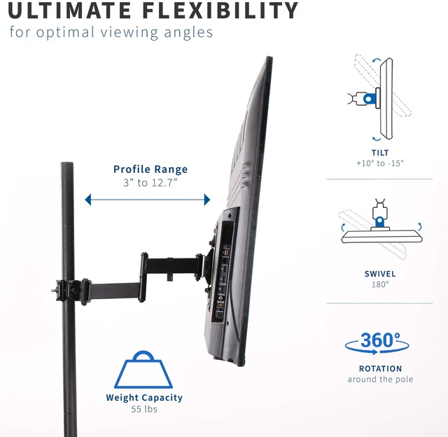 Alt view image 3 of 7 - Black Pole Mounted TV Arm, 32-55 in Screens, MOUNT-POLE4A Universal, Heavy Duty Steel Design, Full Motion TV Mount, Max VESA 400x400mm, Fits 1.1-1.9 in Diameter Poles, Holds 55 lbs