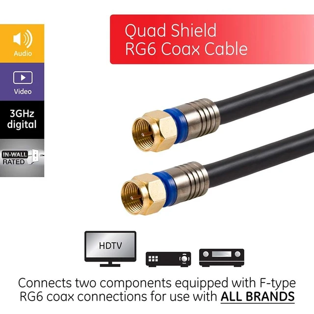 Alt view image 2 of 5 - RG6 Coaxial Cable, 25 ft. F-Type Connectors, Quad Shielded Coax Cable, 3 GHz Digital, In-Wall Rated, Ideal for TV Antenna, DVR, VCR, Satellite, Cable Box, Home Theater, Black, 33531