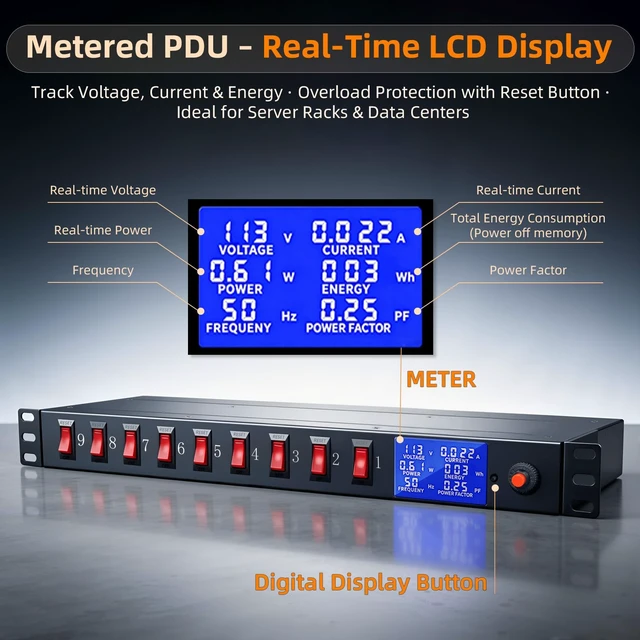 Alt view image 2 of 7 - 1U Rack Mount PDU Power Strip 9 Outlet Individual Switch 9 Outlets with Individual Switches for Independent Power Control, 1U 19" Rack Mount Fit, 15A 1875W Heavy Duty 14AWG 6ft Cord