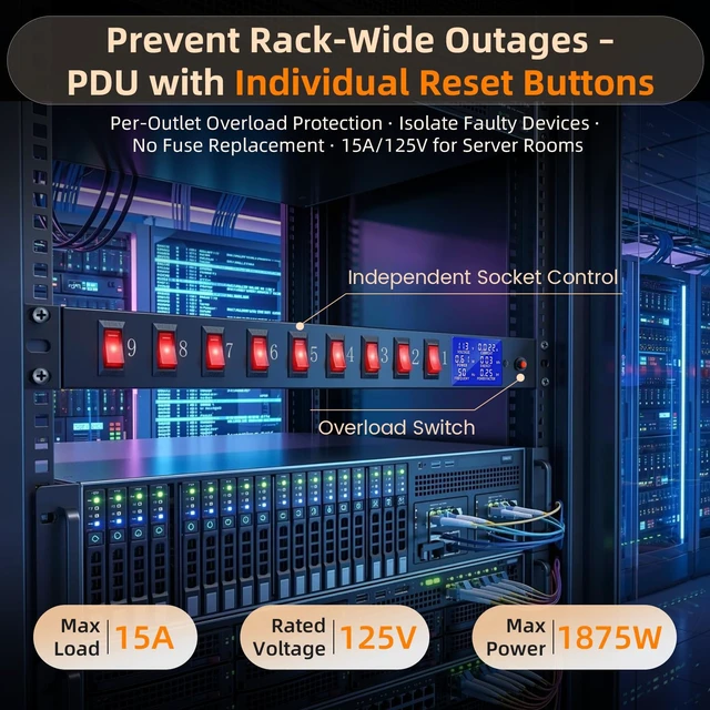Alt view image 3 of 7 - 1U Rack Mount PDU Power Strip 9 Outlet Individual Switch 9 Outlets with Individual Switches for Independent Power Control, 1U 19" Rack Mount Fit, 15A 1875W Heavy Duty 14AWG 6ft Cord
