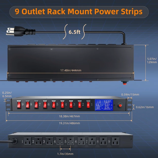 Alt view image 7 of 7 - 1U Rack Mount PDU Power Strip 9 Outlet Individual Switch 9 Outlets with Individual Switches for Independent Power Control, 1U 19" Rack Mount Fit, 15A 1875W Heavy Duty 14AWG 6ft Cord