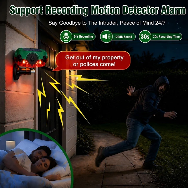Alt view image 3 of 7 - Outdoor Motion Sensor Alarm Barking Dog Alarm 360°Detection Supports Voice Recording, Adjustable Volume, 120dB Motion Activated Alarm for Home, Garden, Yard, Farm 2 Pack