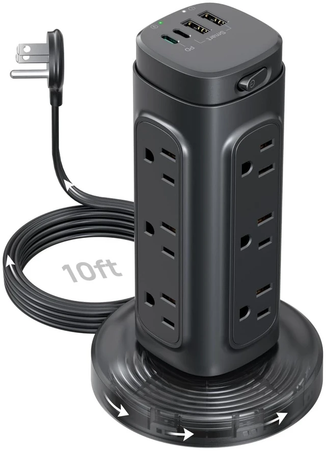 Main image of Semi-Retractable Power Strip Tower 10 ft for Easy Cable Management Space-Saving Vertical Tower Surge Protector 1700J, Flat Plug, 12 AC, 4 USB PD 20W, Home Office Desk Dorm Essentials, Black