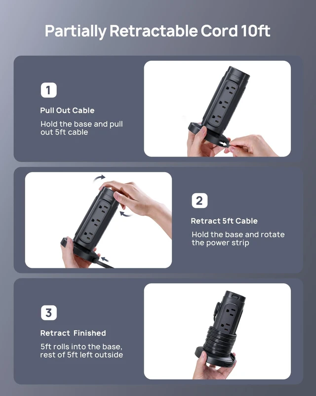 Alt view image 2 of 7 - Semi-Retractable Power Strip Tower 10 ft for Easy Cable Management Space-Saving Vertical Tower Surge Protector 1700J, Flat Plug, 12 AC, 4 USB PD 20W, Home Office Desk Dorm Essentials, Black