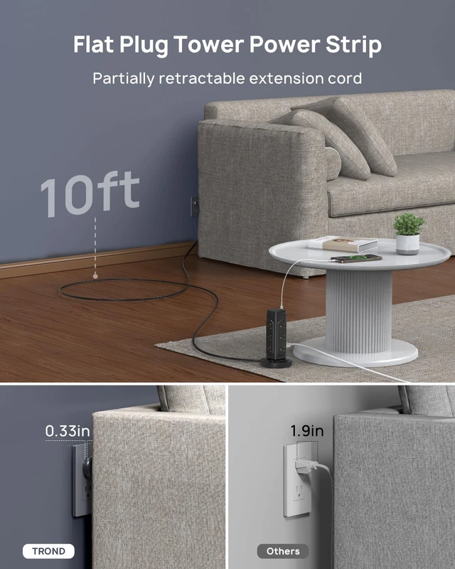 Alt view image 7 of 7 - Semi-Retractable Power Strip Tower 10 ft for Easy Cable Management Space-Saving Vertical Tower Surge Protector 1700J, Flat Plug, 12 AC, 4 USB PD 20W, Home Office Desk Dorm Essentials, Black