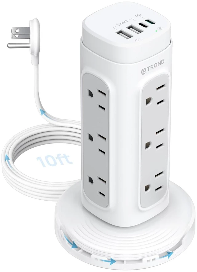 Main image of Semi-Retractable Power Strip Tower 10 ft for Easy Cable Management Space-Saving Vertical Tower Surge Protector 1700J, Flat Plug, 12 AC, 4 USB PD 20W, Home Office Desk Dorm Essentials, White