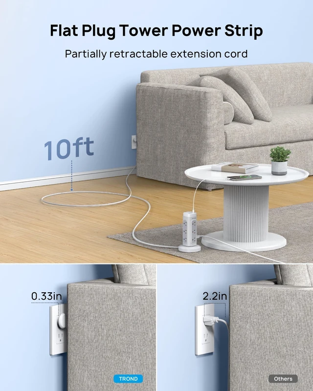 Alt view image 2 of 6 - Semi-Retractable Power Strip Tower 10 ft for Easy Cable Management Space-Saving Vertical Tower Surge Protector 1700J, Flat Plug, 12 AC, 4 USB PD 20W, Home Office Desk Dorm Essentials, White