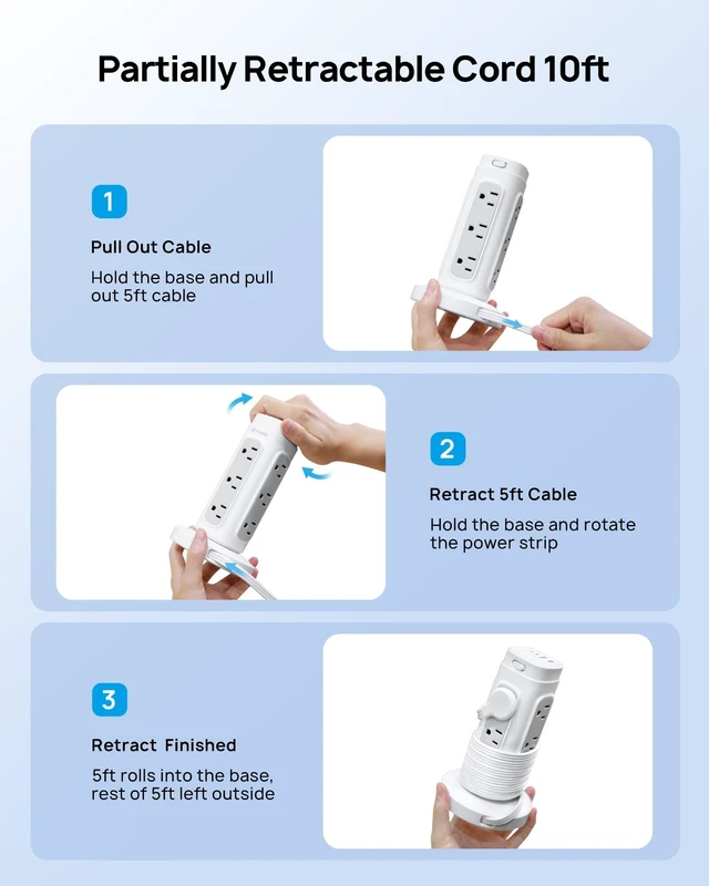 Alt view image 3 of 6 - Semi-Retractable Power Strip Tower 10 ft for Easy Cable Management Space-Saving Vertical Tower Surge Protector 1700J, Flat Plug, 12 AC, 4 USB PD 20W, Home Office Desk Dorm Essentials, White