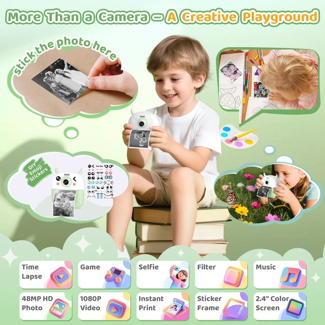 Alt view image 6 of 7 - Kids Camera Instant Print, Birthday Gift for Kids Age 3-12, Selfie Digital Camera with 1080P Video & 2.4" Screen, Toddler Camera for 4 5 6 7 8 9 Year Old Boys Girls