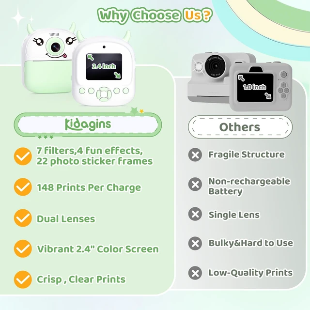 Alt view image 7 of 7 - Kids Camera Instant Print, Birthday Gift for Kids Age 3-12, Selfie Digital Camera with 1080P Video & 2.4" Screen, Toddler Camera for 4 5 6 7 8 9 Year Old Boys Girls