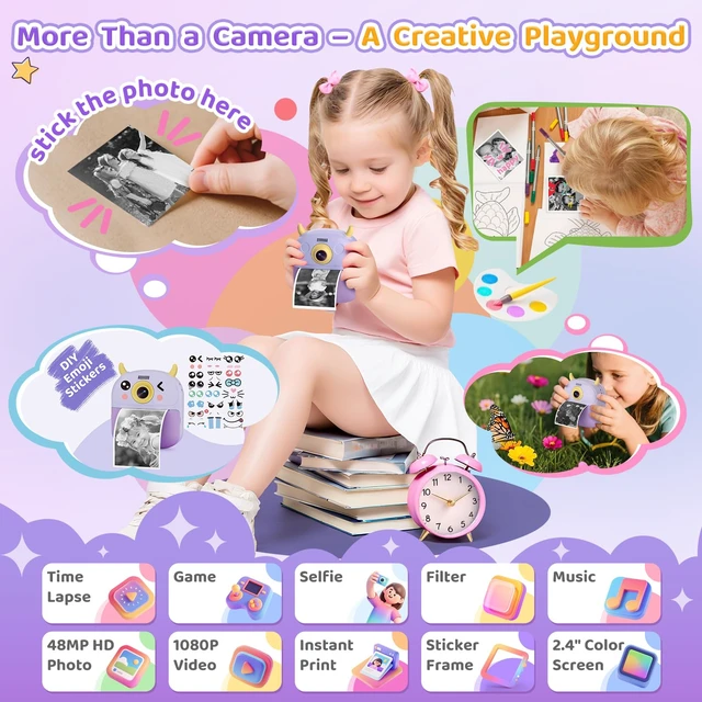 Alt view image 4 of 7 - Kids Camera Instant Print, Birthday Gift for Kids Age 3-12, Selfie Digital Camera with 1080P Video & 2.4" Screen, Toddler Camera for 4 5 6 7 8 9 Year Old Boys Girls