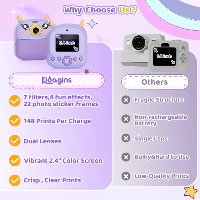 Alt view image 5 of 7 - Kids Camera Instant Print, Birthday Gift for Kids Age 3-12, Selfie Digital Camera with 1080P Video & 2.4" Screen, Toddler Camera for 4 5 6 7 8 9 Year Old Boys Girls