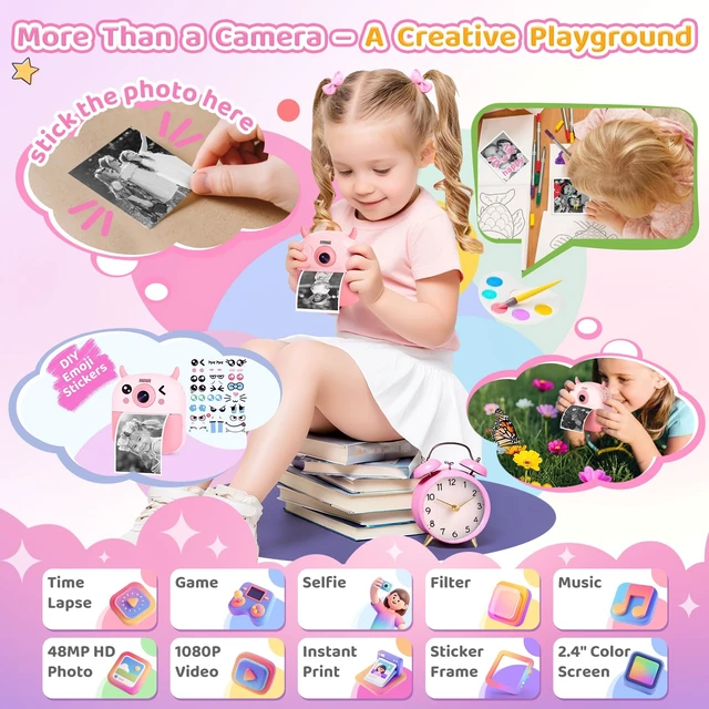 Alt view image 4 of 7 - Kids Camera Instant Print, Birthday Gift for Kids Age 3-12, Selfie Digital Camera with 1080P Video & 2.4" Screen, Toddler Camera for 4 5 6 7 8 9 Year Old Boys Girls