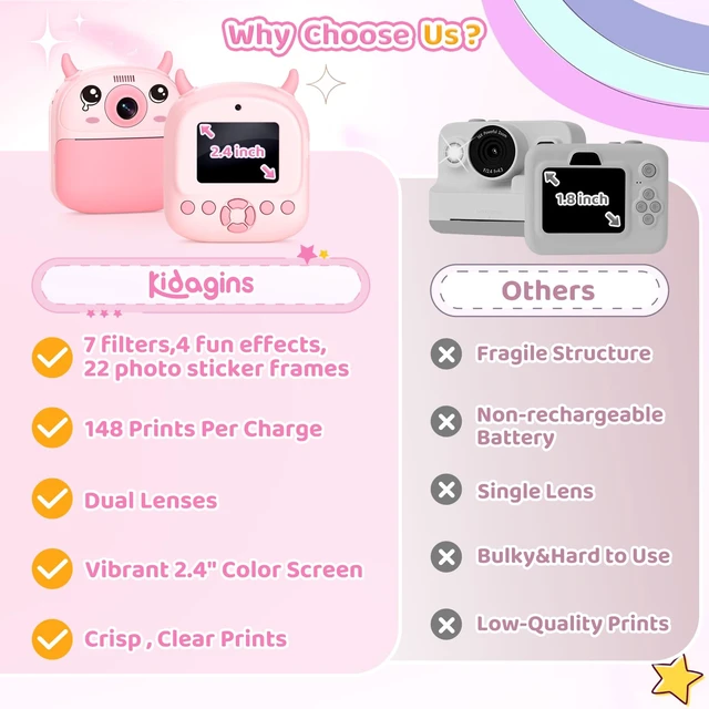 Alt view image 7 of 7 - Kids Camera Instant Print, Birthday Gift for Kids Age 3-12, Selfie Digital Camera with 1080P Video & 2.4" Screen, Toddler Camera for 4 5 6 7 8 9 Year Old Boys Girls