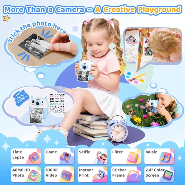 Alt view image 4 of 7 - Kids Camera Instant Print, Birthday Gift for Kids Age 3-12, Selfie Digital Camera with 1080P Video & 2.4" Screen, Toddler Camera for 4 5 6 7 8 9 Year Old Boys Girls