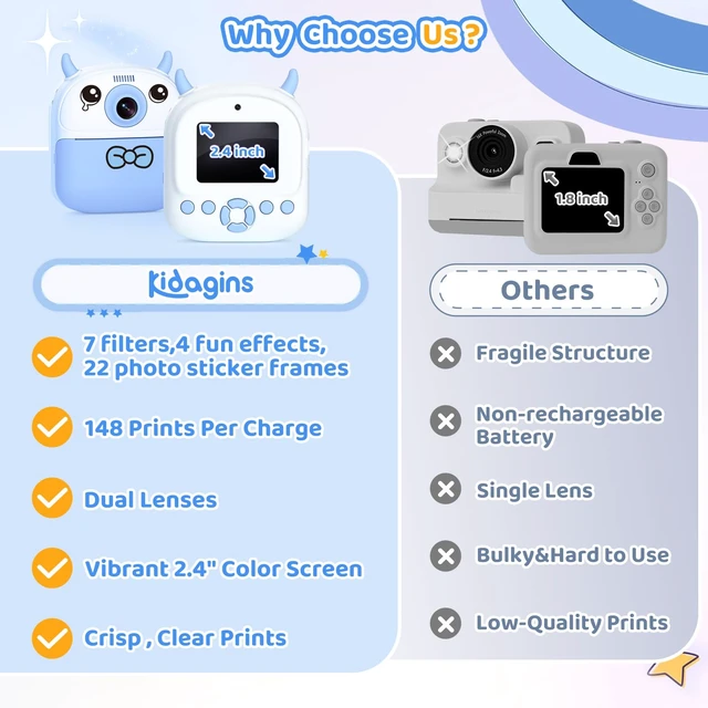 Alt view image 6 of 7 - Kids Camera Instant Print, Birthday Gift for Kids Age 3-12, Selfie Digital Camera with 1080P Video & 2.4" Screen, Toddler Camera for 4 5 6 7 8 9 Year Old Boys Girls