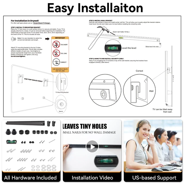 Alt view image 7 of 7 - No Stud No Drill TV Wall Mount for 22 to 55 inch TVs up to 100 lbs Studless Drywall TV Mount, All Hardware Included, Max VESA 400x400mm, 1" Low Profile, Easy Install for Living Room, Bedroom