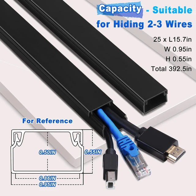 Alt view image 2 of 6 - 392.5in Wire Covers for Cords Kit-Black Cord Cover Wall, Wire Hiders for TV on Wall, TV Cable Hider Wall Kit for Wire Cover, Cord Hider Wall Mounted TV, Cord Concealer, 25 x L15.7 W 0.95H 0.55in