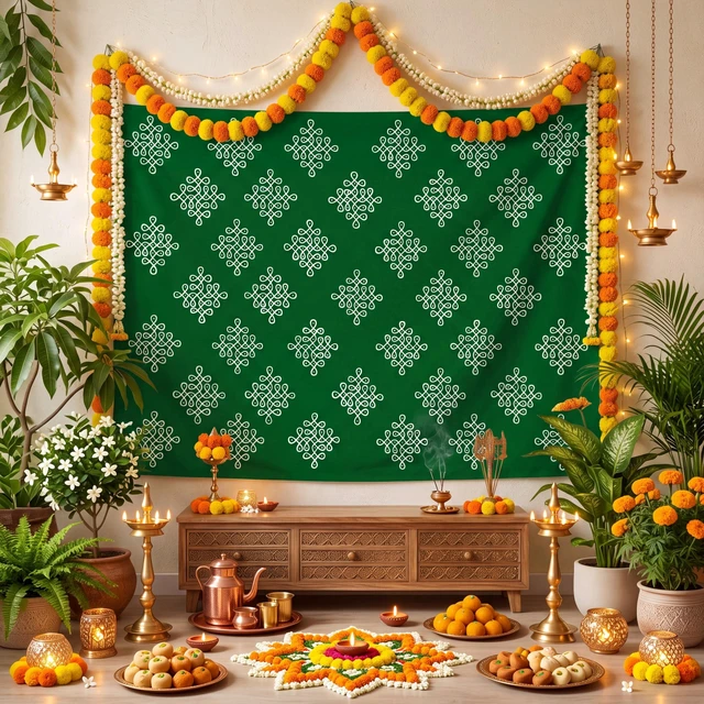 Main image of Indian Varalakshmi Pooja Backdrop Kolam Decor, Dark Green, 7x5ft Traditional Diwali Rangoli Wall Hanging, Ratham Muggu Vratam Tapestry, for Home Wedding Bedroom Living Room Photo Background