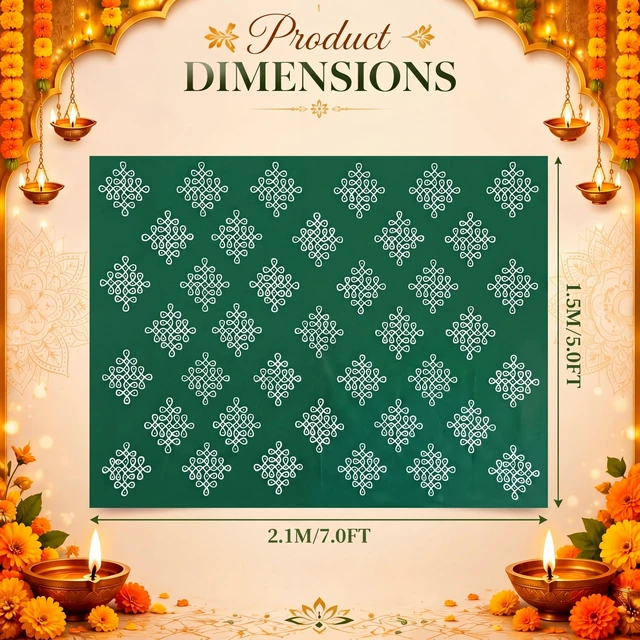Alt view image 2 of 6 - Indian Varalakshmi Pooja Backdrop Kolam Decor, Dark Green, 7x5ft Traditional Diwali Rangoli Wall Hanging, Ratham Muggu Vratam Tapestry, for Home Wedding Bedroom Living Room Photo Background
